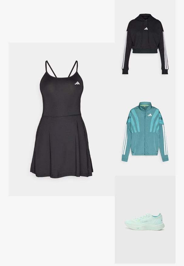 Teal atletisk jakke med lynlås foran, høj krave, tre hvide striber på ærmerne og lagdelte designdetaljer. Letvægtsstof.; Sort cropped hoodie med en frontkangaroo-lomme, justerbare snore og hvide tre-stribe accenter på ærmerne. Har logo.; Sort atletisk kjole med tætsiddende overdel, tynde stropper og udskåret nederdel. Har Adidas-logoet i hvidt øverst til venstre. Glat tekstur.; Lyseblå løbesko med en mesh-overdel, struktureret sål og polstret krave. Har neonlysende detaljer og et strømlinet design.