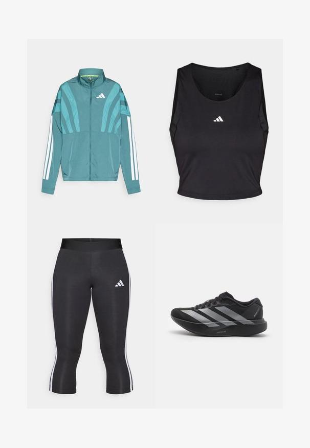 Chaqueta deportiva en color azul verdoso con cierre frontal, cuello alto, tres rayas blancas en las mangas y detalles de diseño en capas. Tela ligera.; Top deportivo negro de corte corto, hecho de tela que absorbe la humedad, con cuello redondo, diseño sin mangas y logo blanco en el pecho.; Leggings capri negros con una cinturilla ancha, que cuentan con franjas laterales blancas y un logo de Adidas en blanco en el muslo izquierdo. Textura suave.; Zapatilla de running negra con rayas plateadas, suela gruesa y acolchada etiquetada como "Lightstrike Pro", vista lateral sobre fondo blanco.