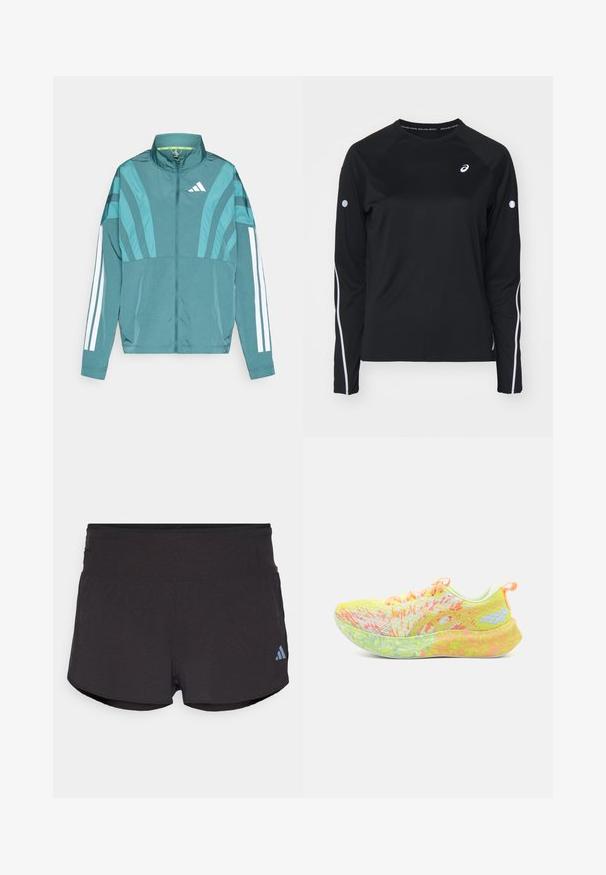 Chaqueta deportiva en color azul verdoso con cierre frontal, cuello alto, tres rayas blancas en las mangas y detalles de diseño en capas. Tela ligera.; Camiseta atlética negra de manga larga con mangas raglán, franjas reflectantes blancas a los lados y cuello redondo. Cuenta con un pequeño logo en el pecho.; Pantalones cortos deportivos negros con un acabado texturizado, que cuentan con una cintura ancha y un logo de Adidas en azul claro en la parte inferior izquierda.; ASICS NOOSA TRI 16 - Zapatillas running asfalto - safety yellow/cool matcha
