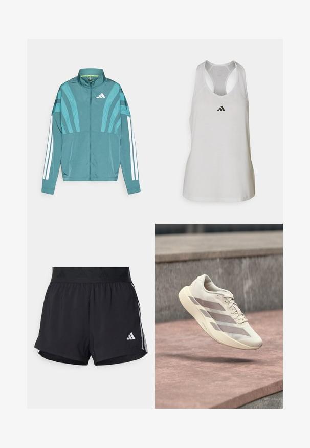 Veste de sport teal avec fermeture éclair sur le devant, col montant, trois bandes blanches sur les manches et des détails de design superposés. Tissu léger.; Débardeur de sport blanc en tissu léger avec un dos nageur et un petit logo noir sur la poitrine.; Shorts de sport noirs avec une taille élastique, dotés d'une bande texturée, de rayures sur les côtés, et d'un logo Adidas blanc sur l'ourlet inférieur.; Chaussure de course couleur crème avec des rayures taupe flottant au-dessus d'une surface carrelée rouge-brun et d'un fond en pierre grise.