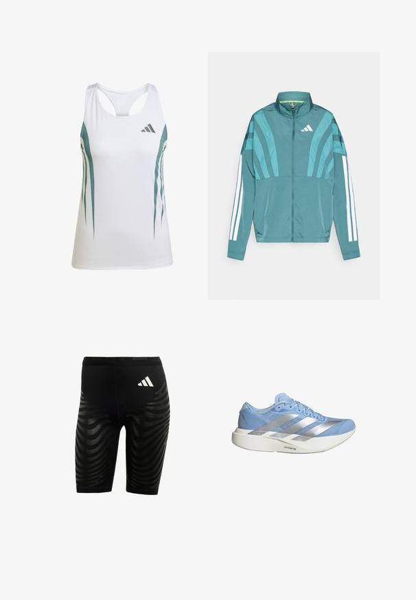 Cyan sportjack featuring een rits aan de voorkant, hoge kraag, drie witte strepen op de mouwen en gelaagde ontwerpdetails. Lichtgewicht stof.; Witte sportieve tanktop met teal accenten en een geometrisch patroon. Beschikt over een racerback ontwerp en een lichte, gestructureerde stof.; Zwarte sportieve shorts met een gestructureerd ontwerp en golvende strepen. Witte logo op de tailleband, gemaakt van vochtafvoerend materiaal.; Lichtblauwe sportschoen met een ademend bovenwerk van mesh, zilveren accenten en een witte tussenzool gelabeld "LIGHTSTRIKE PRO." Heeft een slank, low-profile ontwerp.
