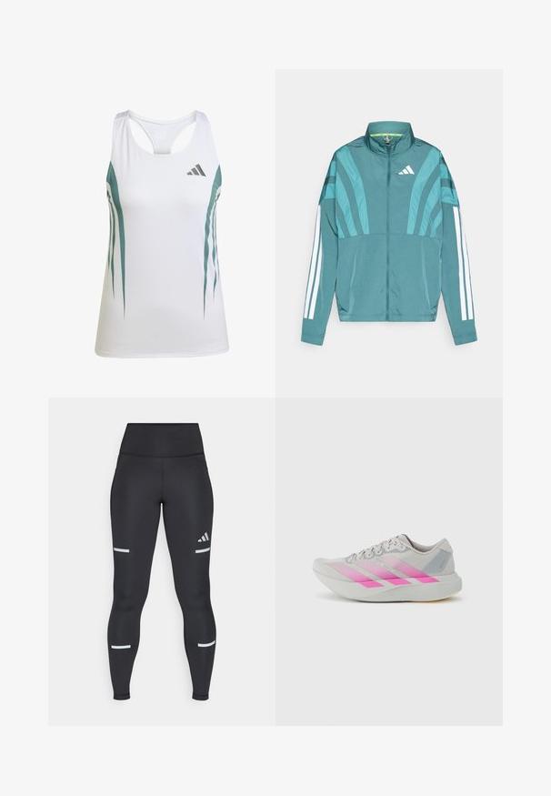 Cyan sportjack featuring een rits aan de voorkant, hoge kraag, drie witte strepen op de mouwen en gelaagde ontwerpdetails. Lichtgewicht stof.; Witte sportieve tanktop met teal accenten en een geometrisch patroon. Beschikt over een racerback ontwerp en een lichte, gestructureerde stof.; Zwarte leggings met een hoge tailleband, gemaakt van een soepele stof. Bevat witte reflecterende strepen nabij de knieën en een Adidas-logo.; Lichtgrijze hardloopschoen met roze verloopstrepen, afgeronde neus, gestructureerd bovenwerk en platte zool met subtiele accenten en logodetails.