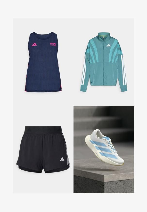 Veste de sport teal avec fermeture éclair sur le devant, col montant, trois bandes blanches sur les manches et des détails de design superposés. Tissu léger.; adidas Performance BER25 TANK - Débardeur - collegiate navy; Shorts de sport noirs avec une taille élastique, dotés d'une bande texturée, de rayures sur les côtés, et d'un logo Adidas blanc sur l'ourlet inférieur.; Chaussure de sport blanche avec des rayures et des lacets bleu clair flottant au-dessus d'une surface en béton grise avec des marches en arrière-plan.