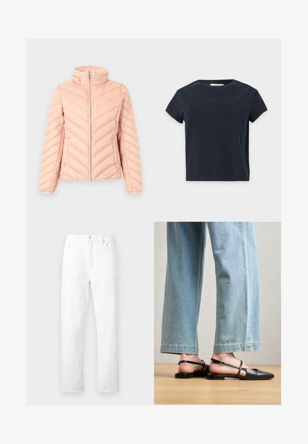 Lichtroze gewatteerde jas met chevronstiksels, hoge kraag met twee horizontale ritszakken en een ritssluiting aan de voorkant.; Effen zwart T-shirt met korte mouwen en een ronde hals met een rechte zoom op een lichtgrijze achtergrond.; Witte denim jeans met rechte pijpen, voorzakken, riemlussen en knoopsluiting, afgebeeld tegen een effen witte achtergrond.; Zwarte leren slingback schoenen met een spitse neus, platte hak en enkelband; gedragen met lichtblauwe wijde jeans.