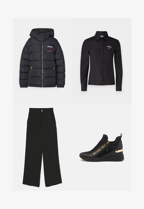 Sort puffjakke med hætte, gyldne lynlåse og broderet tekst "MOSCHINO" med et hjerte. Teksten under læser "IN LOVE WE TRUST".; Sort skjorte med en tætsiddende pasform, lange ærmer og spids krave. Har knaplukning foran og broderet logo på brystet.; Sorte bukser med brede ben lavet af stof med en glat tekstur, der har forlommer og en enkelt knaplukning i taljen.; Sorte atletiske sneakers med mesh-paneler, gulllogo-detaljer, slip-on design og en kilehæl for ekstra højde. Gummisål.
