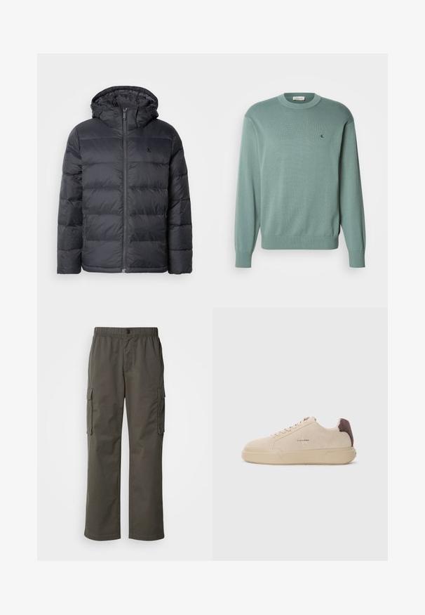 Sort pufferjakke med lynlåslukning foran og hætte. Har syede paneler til isolering og et lille logo på brystet. Glat tekstur.; Lysegrøn strikket sweater med rund halsudskæring, lange ærmer og ribstrikkede manchetter. Har et lille logo på brystet. Teksturen virker blød.; Cargo bukser i mørkegrå med elastisk talje, to sidelommer og en afslappet pasform. Fremstillet af holdbart stof med en glat tekstur.; Beige ruskind sneakers med rund tå, snørret foran og en brun ruskindsdetalje på hælen. Har en tekstureret gummisål.