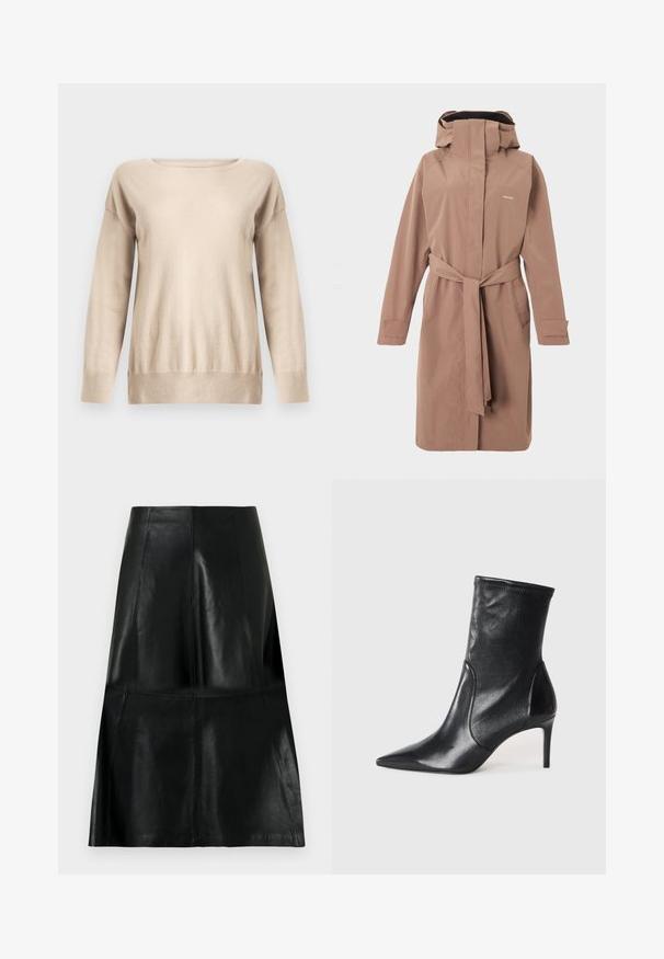 Imperméable brun clair mi-longueur jusqu'aux genoux avec capuche, ceinture à la taille, manches longues et fermeture avant cachée.; Pull beige en maille douce, doté d'un col rond, de manches longues et d'une coupe décontractée avec des poignets et un ourlet côtelés.; Jupe en cuir noire longueur genou avec des coutures de panneaux verticales et horizontales, légèrement évasée au bas.; Bottes noires à la cheville en cuir lisse, dotées d'un bout pointu, d'un tige ajustée et d'un talon haut fin. Design minimaliste sans quincaillerie visible.