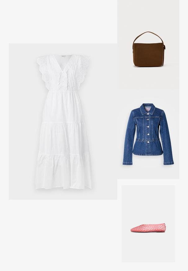 Veste en denim avec une taille cintrée, manches longues, col et boutons argentés. Présente une teinte bleu foncé et des coutures structurées.; Robe maxi en coton blanc avec des manches en dentelle à bords festonnés, un décolleté en V, des détails en boutons et un design de jupe à plusieurs niveaux. Texture lisse sur l'ensemble.; Chaussure plate rouge avec un motif en treillis en matériau translucide et flexible, présentée en profil latéral sur un fond uni.; Sac à épaule rectangulaire marron avec une large bandoulière et un détail de boucle, sur un fond blanc uni.