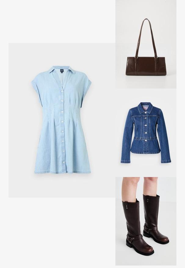 Veste en denim avec une taille cintrée, manches longues, col et boutons argentés. Présente une teinte bleu foncé et des coutures structurées.; Robe courte en denim bleu clair à manches courtes avec des boutons sur le devant, un col et une jupe légèrement évasée.; Bottines en cuir marron jusqu'aux genoux avec une texture lisse, dotées d'une large sangle et d'accents en métal triangulaires, semelles en caoutchouc plates.; Sac à main en cuir verni marron de forme rectangulaire, avec deux longues poignées et des accents courbés subtils à l'avant.