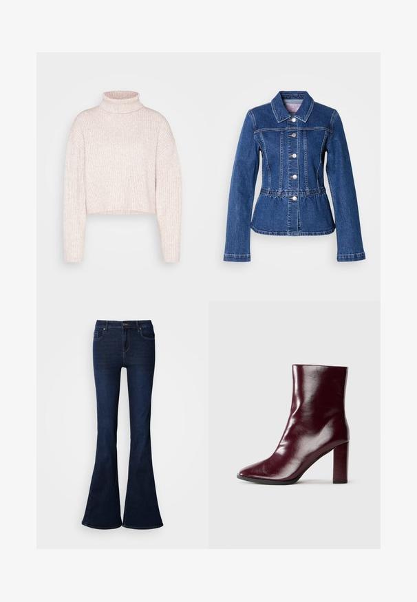 Chaqueta vaquera con cintura entallada, mangas largas, cuello y botones plateados. Presenta un lavado azul oscuro y costuras estructuradas.; Suéter de cuello alto de canalé en rosa claro, de longitud corta, con mangas largas y una textura suave. Diseño minimalista sin ninguna herrajes visibles.; Vaqueros de mezclilla azul oscuro acampanados con cintura alta, que cuentan con cinco bolsillos y una cremallera frontal. Textura suave y diseño clásico.; Botín de cuero burdeos oscuro brillante hasta la mitad de la pantorrilla, con punta afilada y tacón cuadrado alto, sobre un fondo neutro.