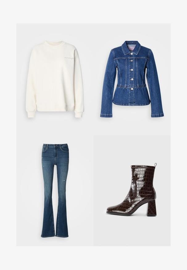 Veste en denim avec une taille cintrée, manches longues, col et boutons argentés. Présente une teinte bleu foncé et des coutures structurées.; Sweatshirt beige clair avec col rond, poignets et ourlet côtelés. Présente un texte brodé subtil sur le devant. Matière douce avec une texture lisse.; Jean évasé en denim bleu délavé, avec poches avant, taille haute et détails usés avec coutures visibles.; Bottine en cuir verni marron foncé, avec texture crocodile, talon carré et tirant à l'arrière sur fond blanc.