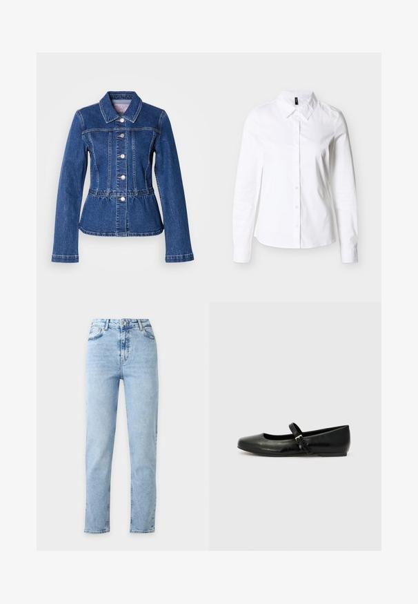 Chaqueta vaquera con cintura entallada, mangas largas, cuello y botones plateados. Presenta un lavado azul oscuro y costuras estructuradas.; Camisa blanca de manga larga con botones y cuello puntiagudo, presentada plana sobre un fondo gris claro.; Vaqueros de denim azul claro de talle alto y pernera recta, con cierre frontal de botón y cremallera, bolsillos delanteros y traseros, mostrados sobre un fondo blanco.; Bailarinas de cuero negro con punta redondeada, suela plana y una delgada correa ajustable en el empeine que cuenta con una hebilla de metal.