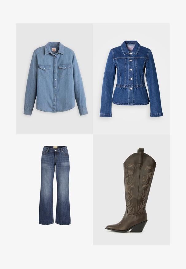 Chaqueta vaquera con cintura entallada, mangas largas, cuello y botones plateados. Presenta un lavado azul oscuro y costuras estructuradas.; Camisa de mezclilla azul claro con mangas largas, cierre de botones al frente, dos bolsillos en el pecho y cuello clásico. Textura suave y ajuste relajado.; Jeans vaqueros azules de pierna ancha con bolsillos delanteros, trabillas para cinturón, cierre de botón y detalles de lavado desvanecido.; Bota de vaquero de cuero marrón con puntera afilada, tacón en cuña y bordado decorativo. Presenta un caña alta y una lengüeta de agarre.