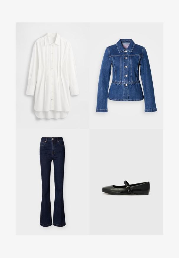 Chaqueta vaquera con cintura entallada, mangas largas, cuello y botones plateados. Presenta un lavado azul oscuro y costuras estructuradas.; Camisa blanca de manga larga hecha de algodón; presenta cierre frontal con botones, cuello puntiagudo y dobladillo curvado con la parte trasera ligeramente más larga.; Jeans de mezclilla azul oscuro de talle alto con piernas acampanadas, bolsillos frontales y cierre con doble botón en la cintura.; Bailarinas de cuero negro con punta redondeada, suela plana y una delgada correa ajustable en el empeine que cuenta con una hebilla de metal.