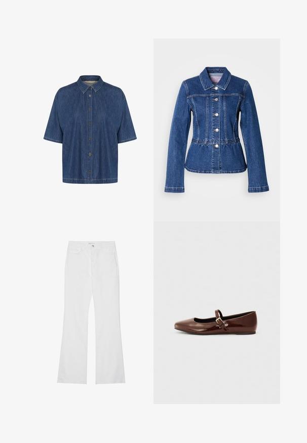 Jeansjacke mit tailliertem Schnitt, langen Ärmeln, Kragen und silbernen Knöpfen. Verfügt über eine dunkelblaue Waschung und strukturierte Nähte.; Kurzarm-Jeanshemd in Dunkelblau, mit spitzem Kragen und durchgehender Knopfleiste; weicher Stoff mit sichtbaren Nähten.; Weiße Schlagjeans aus Baumwoll-Denim, mit zwei vorderen Taschen, einem Reißverschluss und einem Metallknopf. Glatte Textur mit minimalen Details.; Braune Lackleder-Ballerinas mit quadratischer Zehenform und Riemen mit einer kleinen goldenen Schnalle. Glatte Textur, niedriger Absatz und minimalistisches Design.