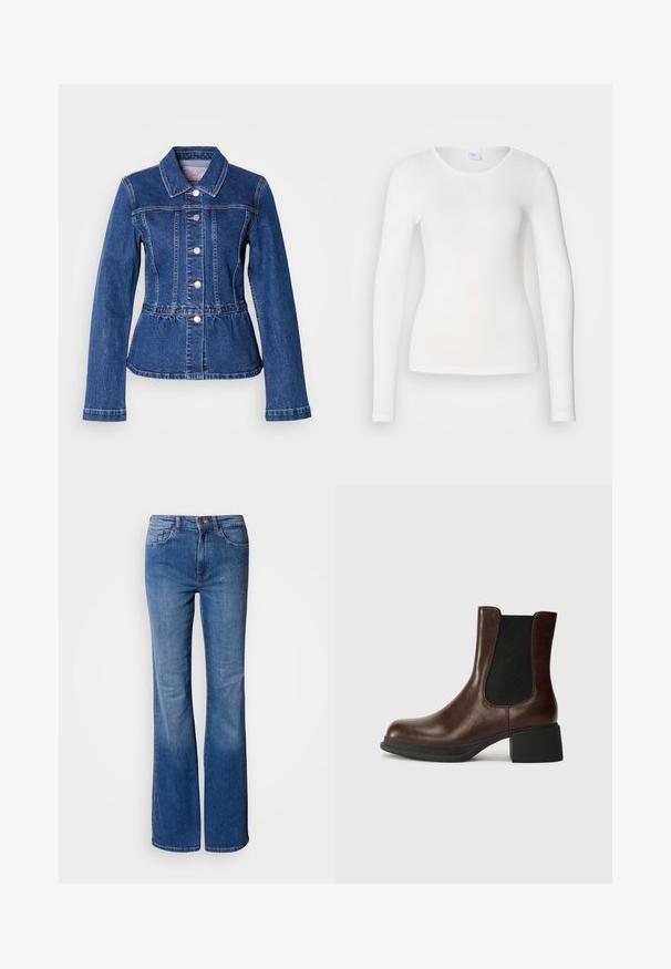 Jeansjacke mit tailliertem Schnitt, langen Ärmeln, Kragen und silbernen Knöpfen. Verfügt über eine dunkelblaue Waschung und strukturierte Nähte.; Weißes Langarmhemd aus einem weichen, glatten Stoff; hat einen runden Ausschnitt und eine figurbetonte Passform, ohne Muster oder Verzierungen.; Hellblaue Jeans mit ausgestelltem Bein aus Denim. Verfügt über eine hohe Taille, Fronttaschen und dezente Verzierungen entlang der Hüfte. Glatte Textur.; Braune Leder-Stiefelette mit runder Zehenkappe, elastischem Seitenpanel und blockiertem schwarzen Absatz. Glatte Textur mit minimalistischer Gestaltung.