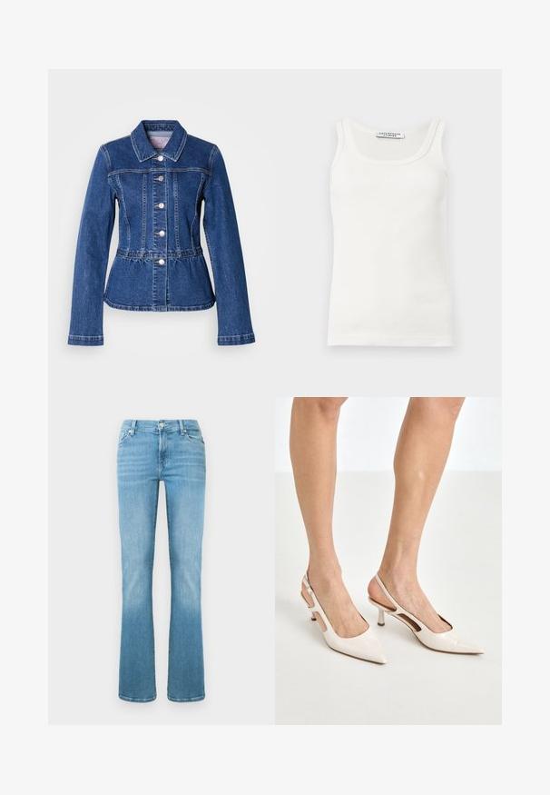 Veste en denim avec une taille cintrée, manches longues, col et boutons argentés. Présente une teinte bleu foncé et des coutures structurées.; Débardeur blanc côtelé sans manches avec encolure dégagée et étiquette Copenhagen Studios à l'intérieur du col.; Jean en denim bleu clair avec un design à jambes évasées, poches avant et fermeture à boutons, présentant un effet délavé pour la texture.; Escarpins à talon slingback en cuir verni beige avec un bout pointu et un talon de 5 cm, présentant des côtés découpés et une fine bride à la cheville.