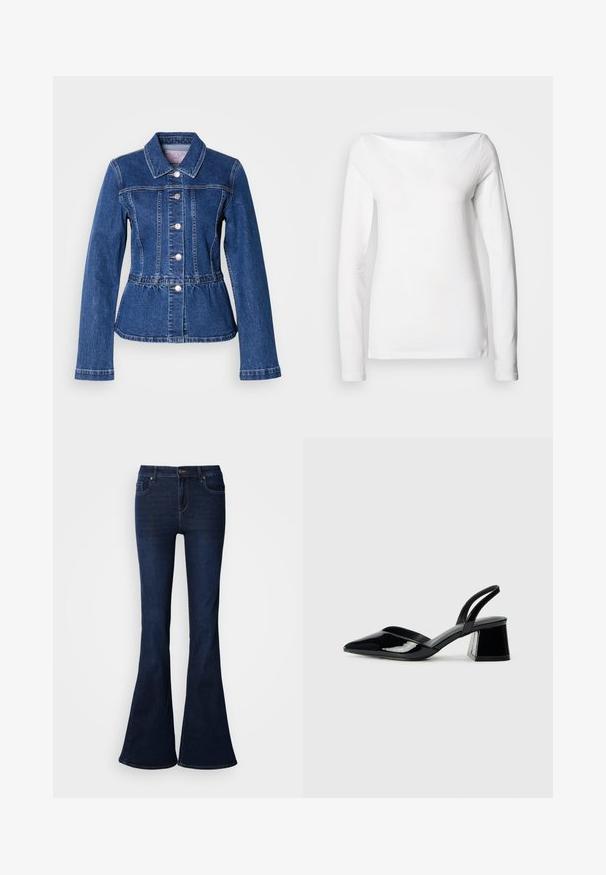 Jeansjacke mit tailliertem Schnitt, langen Ärmeln, Kragen und silbernen Knöpfen. Verfügt über eine dunkelblaue Waschung und strukturierte Nähte.; Langärmliges, weißes Baumwollhemd mit weitem U-Boot-Ausschnitt und figurbetonter Silhouette. Glatte Textur ohne sichtbare Muster oder Akzente.; Dunkelblaue, ausgestellt geschnittene Jeans mit hoher Taille, ausgestattet mit fünf Taschen und einem Reißverschluss vorne. Glatte Textur und klassisches Design.; Schwarze Lackleder-Slingback-High Heels mit spitzem Schuh und einem geometrischen Blockabsatz. Verfügt über ein schlankes, minimalistisches Design und eine glatte Textur.