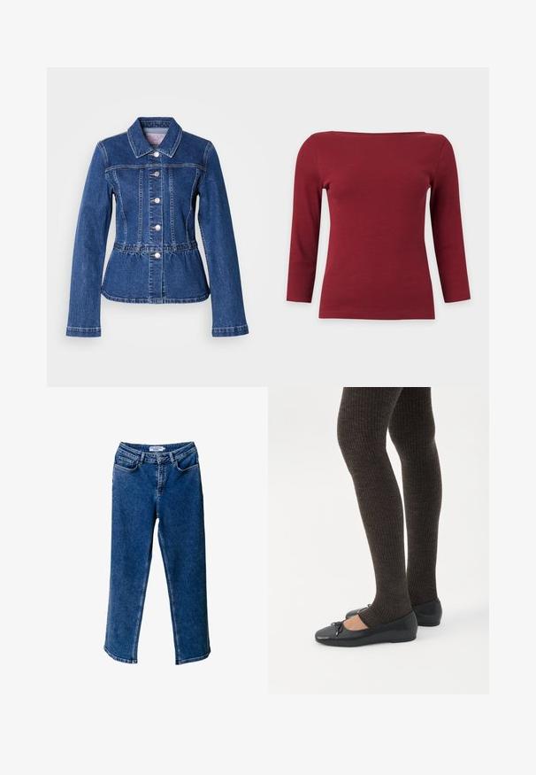 Chaqueta vaquera con cintura entallada, mangas largas, cuello y botones plateados. Presenta un lavado azul oscuro y costuras estructuradas.; Top liso rojo oscuro acanalado de manga larga con un escote barco ancho y una silueta ajustada sobre un fondo gris claro.; Pantalones vaqueros de mezclilla de pierna ancha en azul, con cintura alta, que cuentan con bolsillos frontales, costuras en contraste y un ajuste relajado.; Piernas con leggings oscuros acanalados combinados con bailarinas negras que presentan pequeños detalles de lazo sobre un fondo blanco.
