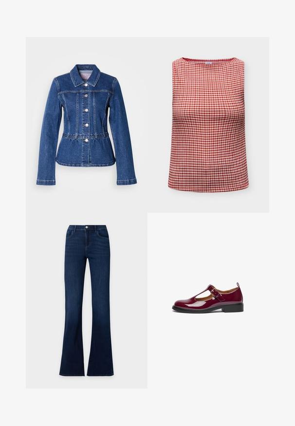 Jeansjacke mit tailliertem Schnitt, langen Ärmeln, Kragen und silbernen Knöpfen. Verfügt über eine dunkelblaue Waschung und strukturierte Nähte.; Ärmelloses Top mit rot-weißem Vichy-Karomuster und rundem Ausschnitt, flach gefaltet auf weißem Hintergrund.; Dunkelblaue Denim-Jeans mit ausgestelltem Bein, Vordertaschen und Knopfverschluss in der Taille.; Burgunderfarbene Lackleder-Mary-Jane-Schuhe mit runder Zehe, T-Riemen, verstellbarem Schnallenverschluss und niedrigem Blockabsatz. Glatte Textur und einfaches Design.