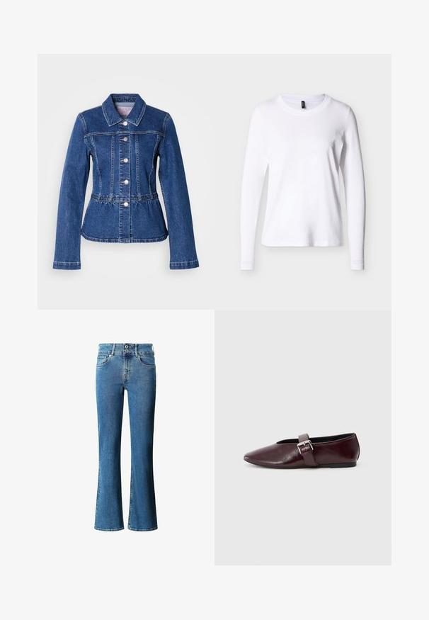 Veste en denim avec une taille cintrée, manches longues, col et boutons argentés. Présente une teinte bleu foncé et des coutures structurées.; T-shirt blanc à manches longues avec col rond, présenté sur un fond neutre, vue de face avec une étiquette noire au niveau du col.; Jean en denim évasé bleu moyen, doté d'une taille haute, d'une fermeture à deux boutons, d'un design classique à cinq poches et d'un léger délavage sur l'ensemble.; Ballerines en cuir bordeaux avec un bout pointu, une semelle plate et une sangle décorative avec boucle sur le cou-de-pied. Texture lisse et brillante.