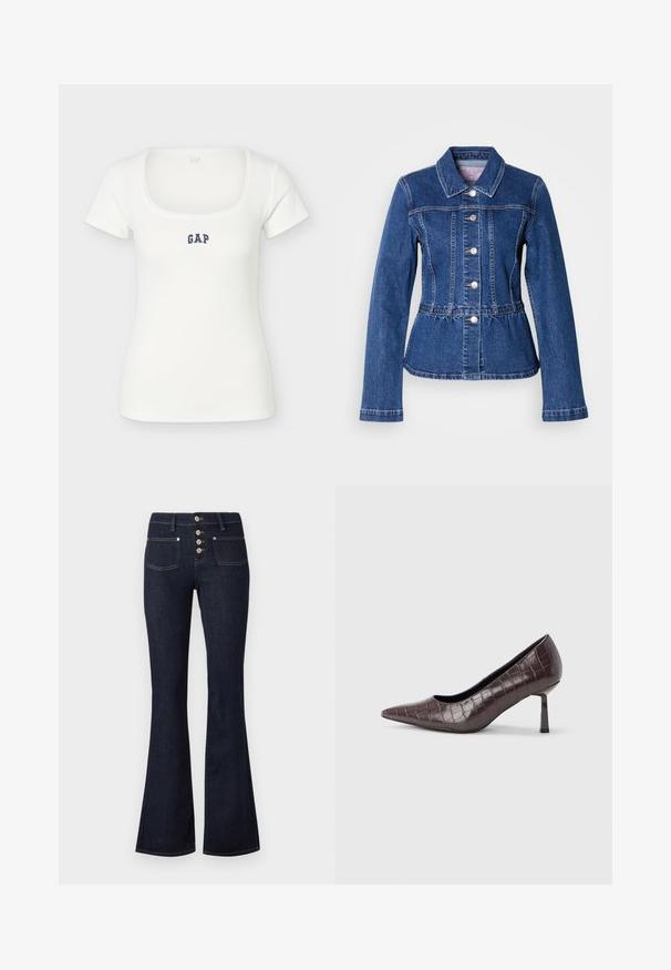 Veste en denim avec une taille cintrée, manches longues, col et boutons argentés. Présente une teinte bleu foncé et des coutures structurées.; Top blanc en coton côtelé à manches courtes avec encolure carrée et logo "GAP" bleu marine centré sur la poitrine.; Jean évasé taille haute bleu foncé avec fermeture frontale à boutons, deux poches avant et surpiqûres jaunes sur fond clair.; Escarpins à bout pointu en similicuir marron avec une texture crocodile, dotés d’un talon fin et angulaire ainsi que d’une doublure intérieure lisse.