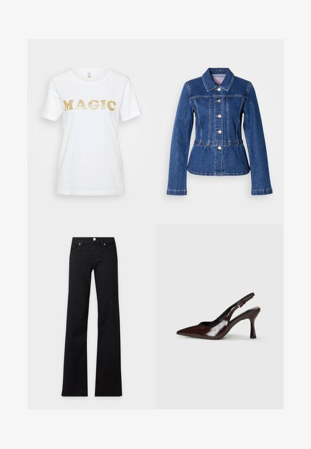Veste en denim avec une taille cintrée, manches longues, col et boutons argentés. Présente une teinte bleu foncé et des coutures structurées.; T-shirt en coton blanc avec un texte doré scintillant portant le mot "MAGIE" dans une police en gras et arrondie. Manches courtes et encolure ras du cou classique.; Jean noir taille haute à jambes larges, bouton à l'avant, passants de ceinture et rivets sur les poches avant, présenté sur un fond uni clair.; Talons slingback en cuir verni brun avec un bout pointu, un talon fin, et une sangle réglable avec une petite boucle.