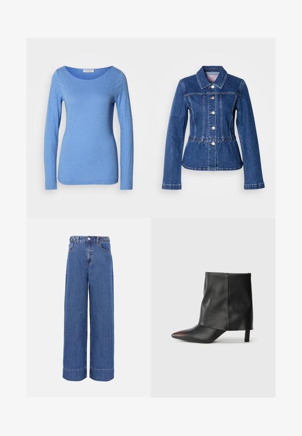 Jeansjacke mit tailliertem Schnitt, langen Ärmeln, Kragen und silbernen Knöpfen. Verfügt über eine dunkelblaue Waschung und strukturierte Nähte.; Langärmliges T-Shirt mit Rundhalsausschnitt in Hellblau, aus weichem, strukturiertem Stoff. Verfügt über ein dezentes Melange-Muster und eine taillierte Silhouette.; Weit geschnittene blaue Jeans aus Denim mit geflochtenem Bund, vorderer Knopfleiste und Taschen, auf schlichtem Hintergrund präsentiert.; Schwarzer Knöchelstiefel aus glattem Leder mit spitzer Zehenpartie und schmalem Absatz. Das Obermaterial zeichnet sich durch ein leicht gerafftes Design aus.
