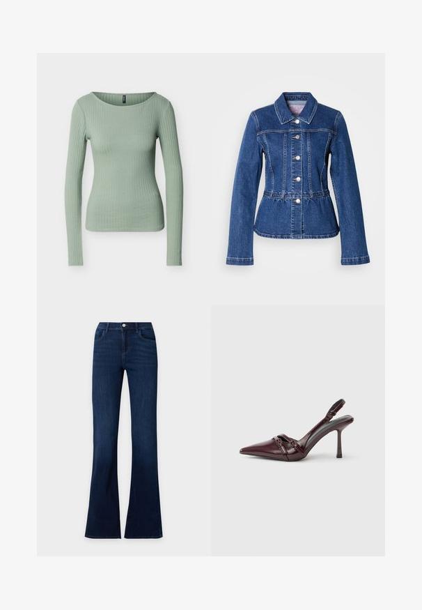 Veste en denim avec une taille cintrée, manches longues, col et boutons argentés. Présente une teinte bleu foncé et des coutures structurées.; Haut ajusté à manches longues côtelé de couleur vert clair avec un col rond, présenté sur un fond blanc uni.; Jean en denim bleu foncé avec jambes évasées, poches avant et fermeture à bouton à la taille.; Escarpin slingback en cuir verni bordeaux avec bout pointu, fine bride à la cheville et petit détail décoratif de boucle. Texture lisse et talon haut.