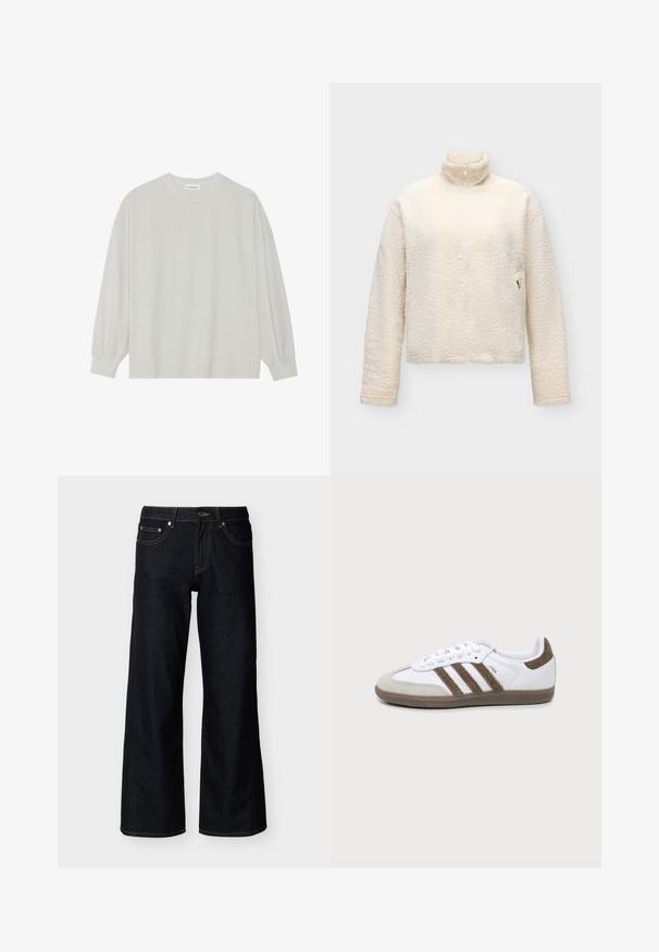 Chaqueta de forro polar color crema, de manga larga, cuello alto, con cremallera frontal y tejido suave y texturizado.; Camiseta de manga larga gris claro hecha de algodón suave. Presenta un corte holgado, cuello redondo y puños ligeramente fruncidos. Sin patrones ni gráficos.; Vaqueros de mezclilla azul oscuro de pierna ancha con botón frontal, cremallera y estilo de cinco bolsillos sobre un fondo claro liso.; Zapatilla Adidas Samba blanca y marrón con tres franjas marrones, cordones y suela texturizada mostrada de lado sobre un fondo liso.