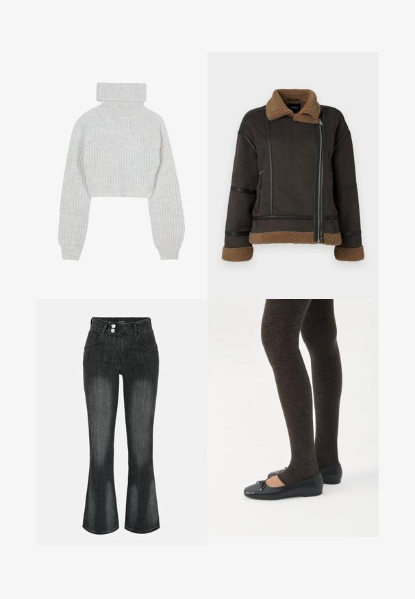 Brun faux suede jakke med shearling krave og manchetter, prydet med sorte læderdetaljer og en frontlynlås. Struktureret overflade, cropped design.; Lys grå, cropped striktrøje med høj turtleneck, brede ærmer og struktureret ribbet mønster. Blødt materiale med en lidt løs pasform.; Sort vasket denim jeans med høj talje, dobbelt knaplukning, forlommer og let udvidede ben.; Ben iført mørke ribbede leggings kombineret med sorte balletsko med små sløjfedetaljer på hvid baggrund.