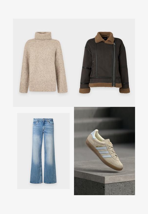 Brun faux suede jakke med shearling krave og manchetter, prydet med sorte læderdetaljer og en frontlynlås. Struktureret overflade, cropped design.; Vero Moda Knitted VMINGRID Knitted - Striktrøje - beige; Lysblå denim flared jeans med en falmet tekstur, høj talje og fem lomme-design, med en knap- og lynlåslukning.; Beige ruskindssneaker med lyseblå striber, med en gum-sål, gyldent "Gazelle"-logo og klassisk snøredesign på en grå overflade.