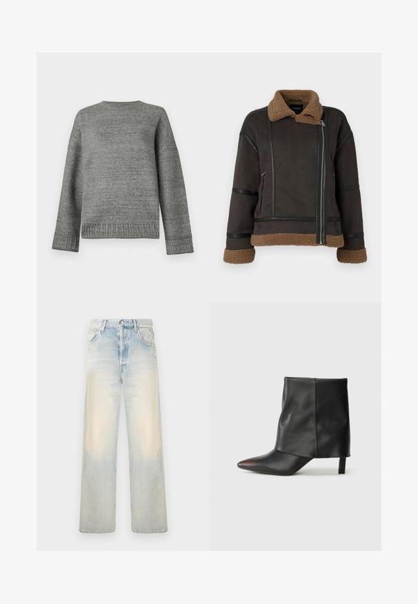Brun faux suede jakke med shearling krave og manchetter, prydet med sorte læderdetaljer og en frontlynlås. Struktureret overflade, cropped design.; Grå strikket sweater med rund halsudskæring, sænkede skuldre og ribbede manchetter og kant. Glat tekstur med en ensfarvet overflade og minimal dekoration.; Lyst vævet denim bredbenede jeans med en falmet finish, fem lommer og en klassisk knaplukning. Blød tekstur og løs pasform.; Sort ankelstøvle lavet af glat læder med spids tå og tilspidset hæl. Overdelen har et let rynket design.