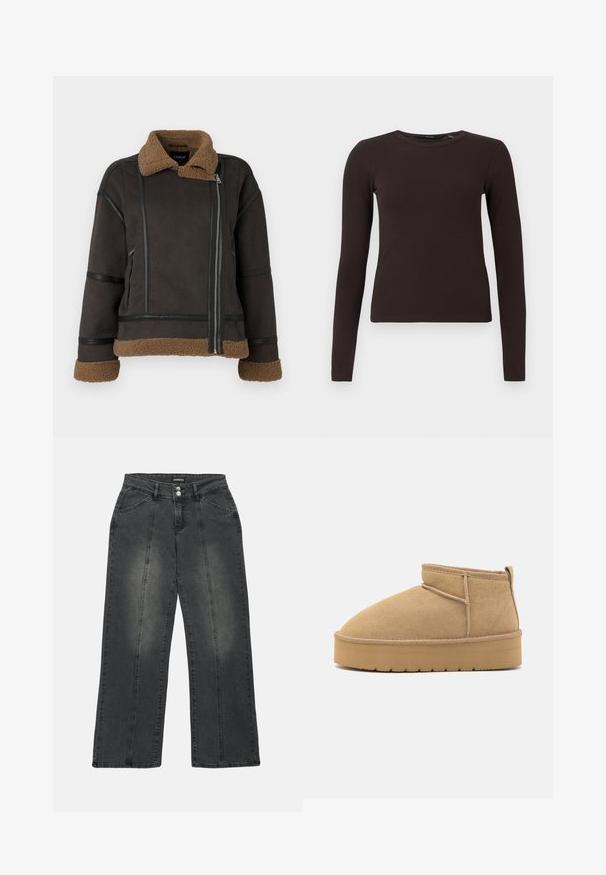 Brun faux suede jakke med shearling krave og manchetter, prydet med sorte læderdetaljer og en frontlynlås. Struktureret overflade, cropped design.; Mørkebrune ribbede langærmede T-shirt med rund hals og tætsiddende silhuet, præsenteret på en simpel hvid baggrund.; Bredde ben jeans i mørkegrå denim. Funktionerne inkluderer en knaplukning, to frontlommer og lodret syning for detaljen. Slidte områder er til stede.; Beige suede ankelstøvler med rund tå, minimale syninger og en lysebrun gummisål med et tekstureret mønster.
