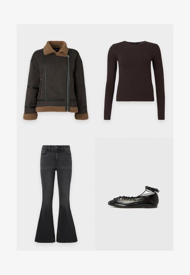 Veste en faux daim marron avec un col et des poignets en fausse fourrure, mettant en avant des accents en cuir noir et un zip à l'avant. Surface texturée, design court.; Haut à col rond à manches longues côtelé, marron foncé, avec une silhouette ajustée, présenté sur un fond blanc uni.; Jean noir évasé en denim de couleur unie, avec une taille standard, cinq poches et des détails de couture subtils à l'avant.; Ballerines en cuir verni noir avec un bout rond, un design à lacets et une semelle plate. Texture lisse avec peu de détails.