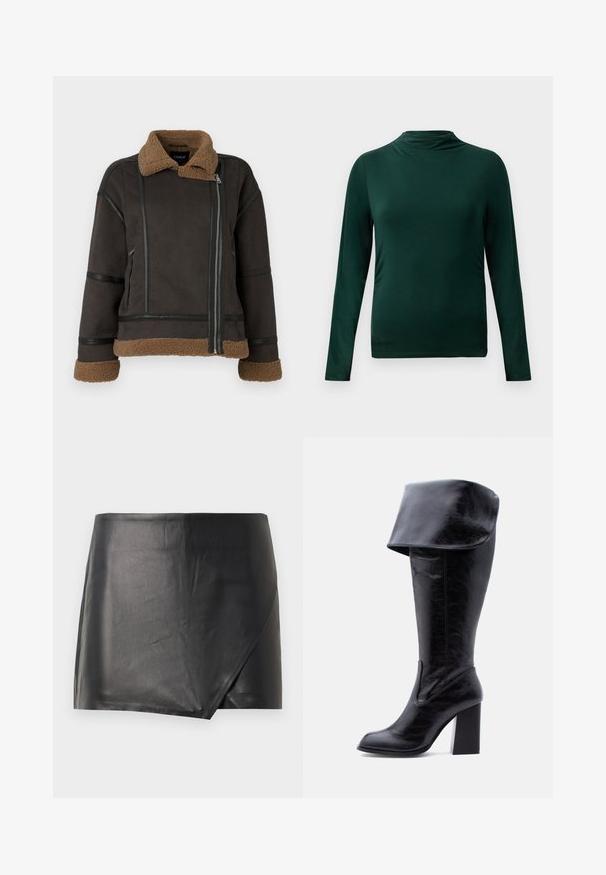 Brun faux suede jakke med shearling krave og manchetter, prydet med sorte læderdetaljer og en frontlynlås. Struktureret overflade, cropped design.; Mørkegrøn langærmet let top med høj hals og tætsiddende silhuet mod en ensfarvet lys baggrund.; Sort læder miniskørt med omslagdesign, glat tekstur og en ren finish. Uden synligt hardware eller mønstre.; Høj sort læderstøvle med hæl, foldet kant og rund tå, stående oprejst på en hvid baggrund.