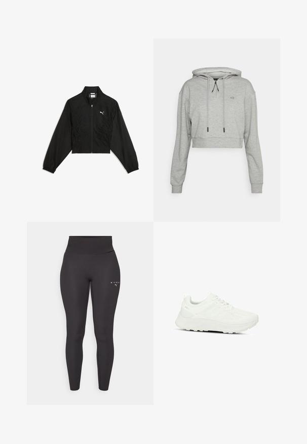 Sort cropped jakke lavet af letvægtsstof, med lynlås, sidesamlinger med rynkning og elastiske ærmekanter. Hvidt logo på brystet.; Even&Odd active Hættetrøje - grey; Sorte atletiske leggings lavet af strækbart materiale, med en høj talje og diskret logo-detaljering på venstre ben. Glat tekstur.; Hvide atletiske sko med en tekstureret overdel og mesh-paneler, snørebåndsdesign, polstret sål og diskret logo på hælen.