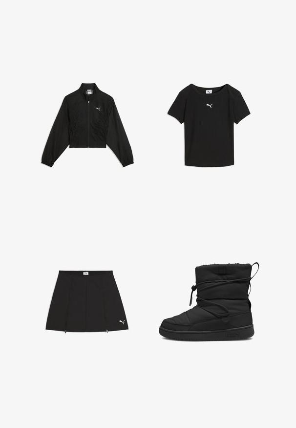 Sort cropped jakke lavet af letvægtsstof, med lynlås, sidesamlinger med rynkning og elastiske ærmekanter. Hvidt logo på brystet.; Sort ribstrikket Puma T-shirt med korte ærmer, rund halsudskæring og hvidt Puma-logo centreret på brystet.; Sort atletisk nederdel med en svingende design, lavet af glat stof. Den har frontlommer med lynlås og et hvidt Puma-logo i nederste højre hjørne.; Sort isoleret støvle med en kviltet struktur, elastisk snøre lukning, polstret kant og en gummisål med et minimalistisk logo.