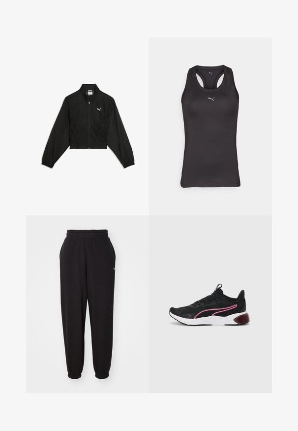 Zwarte cropped jas van lichtgewicht stof, voorzien van een ritssluiting, zijruche en elastische manchetten. Wit logo op de borst.; Zwarte sportieve tanktop met een racerback ontwerp, gemaakt van gladde stof, met een klein grijs logo op het midden van de voorkant.; Zwarte sweatpants van zachte stof, met een geribde tailleband en verjongde enkels. Inclusief een klein logoaccent aan de zijkant.; Zwarte sportieve sneakers met een bovenkant van mesh, roze accenten, een witte tussenzool en een rubberen zool. Voorzien van een veilige vetersluiting en een gevoerde kraag.