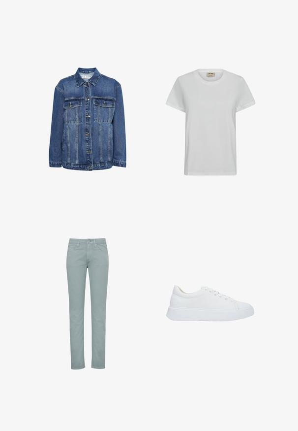 Veste en jean de couleur bleu moyen avec un col classique, deux poches poitrine et fermeture à boutons. Elle présente une coupe décontractée et un léger vieillissement.; T-shirt en coton blanc avec un col rond classique, des manches courtes et une coupe décontractée, comportant des coutures minimales et sans motifs.; Jean en denim bleu clair avec une coupe droite, style cinq poches et fermeture par bouton à l'avant. Texture lisse et détail de couture minimaliste.; Baskets blanches en cuir avec un bout rond, des lacets plats et une semelle en caoutchouc épaisse. Texture lisse avec des détails de couture minimes.