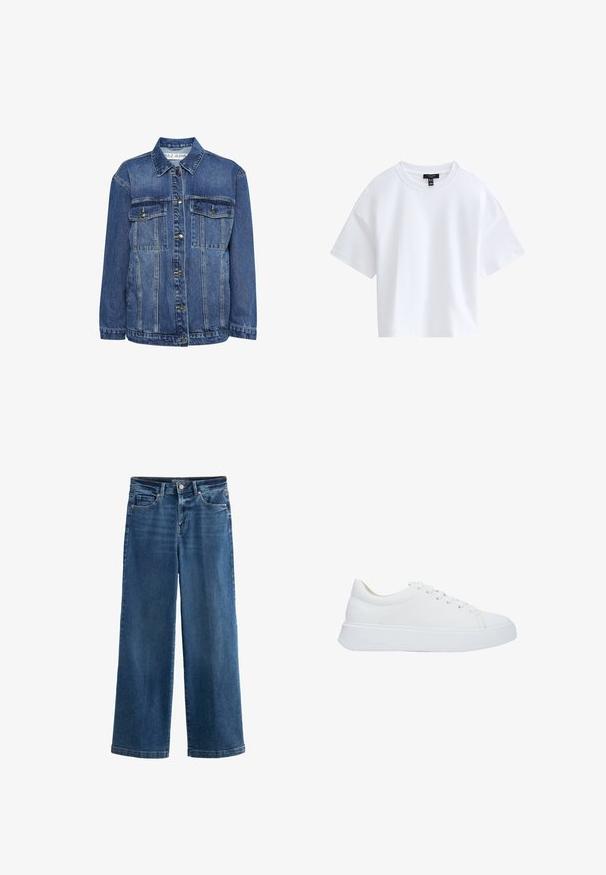 Jeansjacke in Mittelblau mit klassischem Kragen, zwei Brusttaschen und Knopfleiste. Bietet einen lockeren Schnitt und leichte Verwaschungen.; Schlichtes weißes kurzärmeliges Cropped-T-Shirt mit rundem Ausschnitt und schwarzem Markenlabel innen im Kragen.; Blaue weit geschnittene Jeans aus Denim mit hoher Taille, fünf Taschen, subtilen Abnutzungserscheinungen, Knopfverschluss und kontrastierenden Nähten.; Weiße Leder-Sneaker mit runder Zehenpartie, flachen Schnürsenkeln und einer dicken Gummisohle. Glatte Oberfläche mit minimalen Nähdetails.