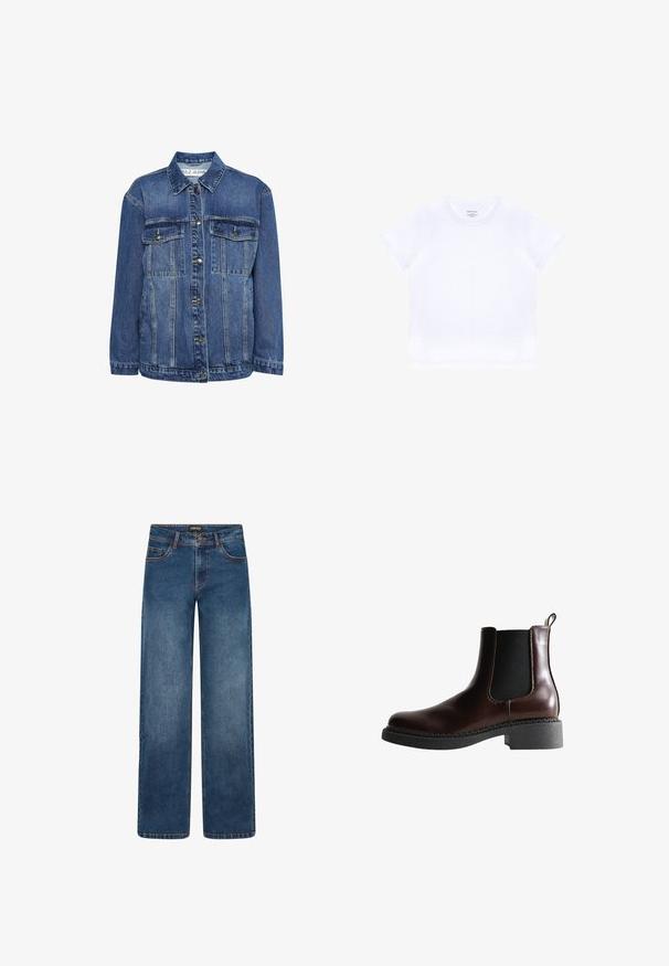 Veste en jean de couleur bleu moyen avec un col classique, deux poches poitrine et fermeture à boutons. Elle présente une coupe décontractée et un léger vieillissement.; T-shirt blanc uni à manches courtes et col rond, avec une petite étiquette à l'intérieur du col, posé à plat sur un fond blanc.; Jean en denim à jambes larges, de couleur bleu moyen. Comprend cinq poches, fermeture par bouton et fermeture éclair, et coutures doubles. Tissu durable.; Bottine en cuir marron avec des panneaux élastiques sur les côtés, bout rond et semelle en caoutchouc noir texturé. Comprend des coutures contrastées et une languette.