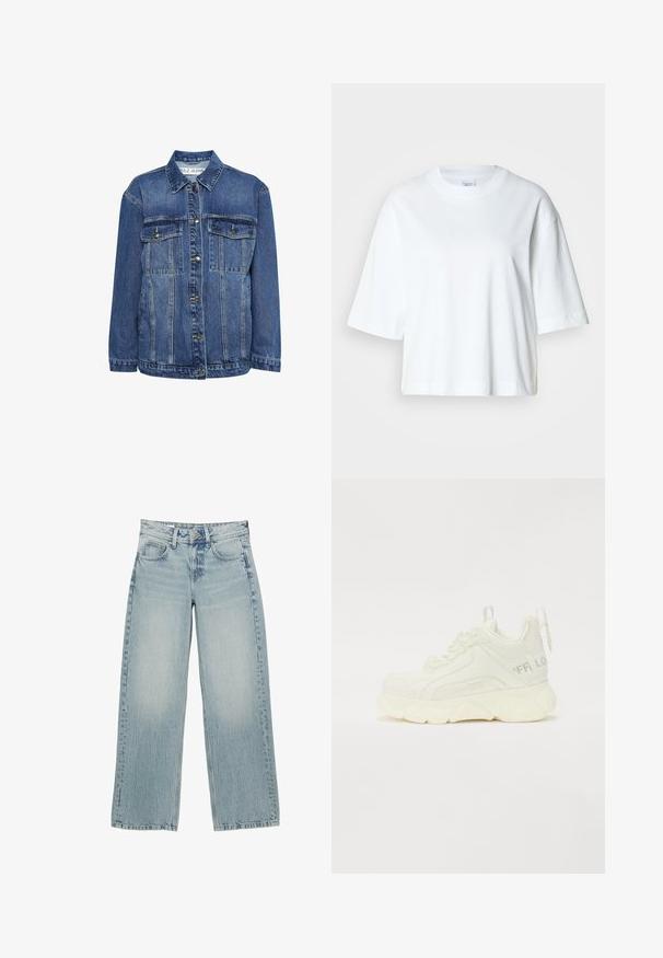Denimjakke i mellemblå med klassisk krave, to brystlommer og knaplukning foran. Har en afslappet pasform og let slid.; Hvid cropped t-shirt med korte ærmer, rund halsudskæring, lavet af blødt bomuldsmateriale, med et enkelt og rent design.; Lysblå denim bredbukser med høj talje, der har fem lommer, knaplukning og subtile falmninger for en slidt effekt.; Kraftige hvide sneakers med en glat polyurethanoverdel, rund tå, tyk sål og en strop ved hælen. Teksturerede elementer og logo-detaljer til stede.