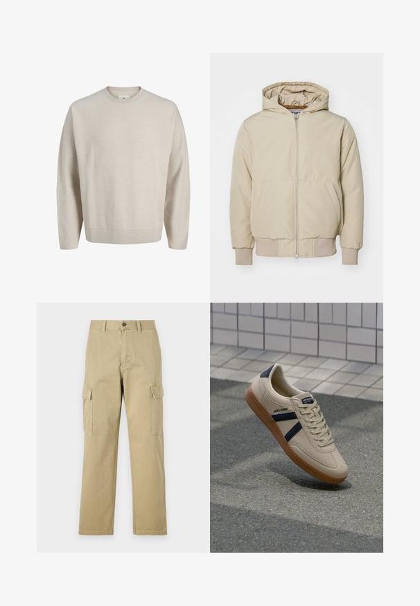 Beige Kapuzenjacke mit einem Frontreißverschluss, zwei großen Seitentaschen, gerippten Bündchen und Saum, aus strukturiertem Stoff. Schlichtes, modernes Design.; Beiger Langarm-Pullover mit Rundhalsausschnitt, geripptem Kragen, Bündchen und Saum, auf weißem Hintergrund dargestellt.; Beige Cargo-Hosen aus Baumwolle, mit zwei Seitentaschen, einem Knopfverschluss und geraden Beinen aus einem leicht strukturierten Stoff.; Beige Sneaker mit strukturierter Oberfläche, dunkelblauen Streifen und Gummisohle. Verfügt über eine gepolsterte Zunge und ein traditionelles Schnürsystem für einen sicheren Sitz.