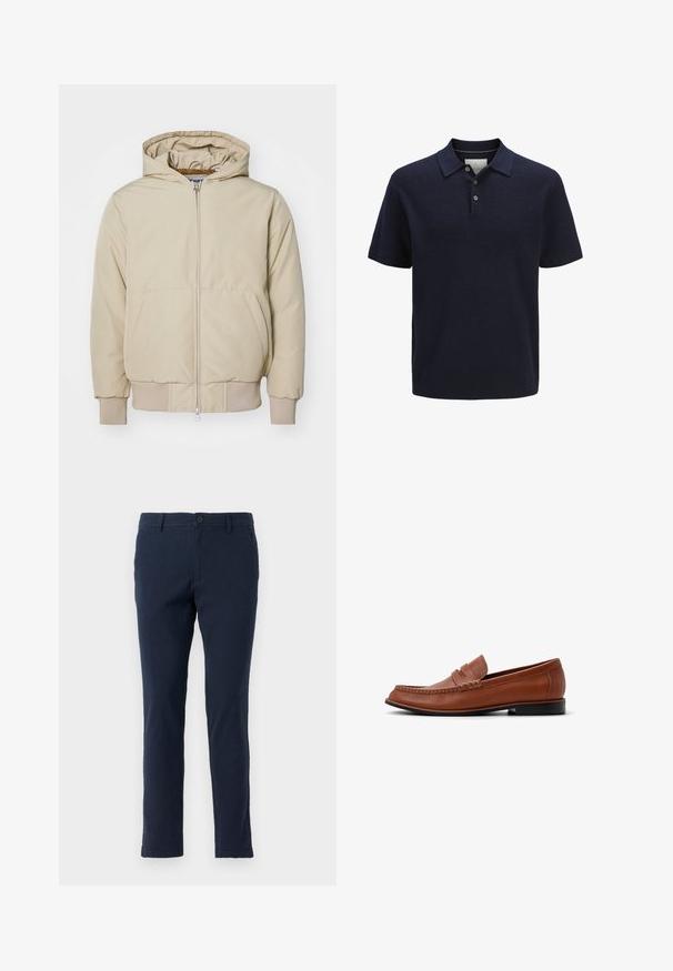 Beige hættejakke med lynlås foran, to store sidelommer, ribkantede ærmer og kant, lavet af tekstureret stof. Enkel, moderne design.; Marineblå strikket polo i kortærmet model med tekstureret mønster, tre-knaps slids og ribstrikket krave og kant.; Marineblå bomulds-chinoer med slim fit, der har knap- og lynlås-lukning, bæltestropper og for- samt baglommer. Glat tekstur.; Brun læder penny loafer med sort sål, syet front og lav hæl, vist i profil mod en hvid baggrund.