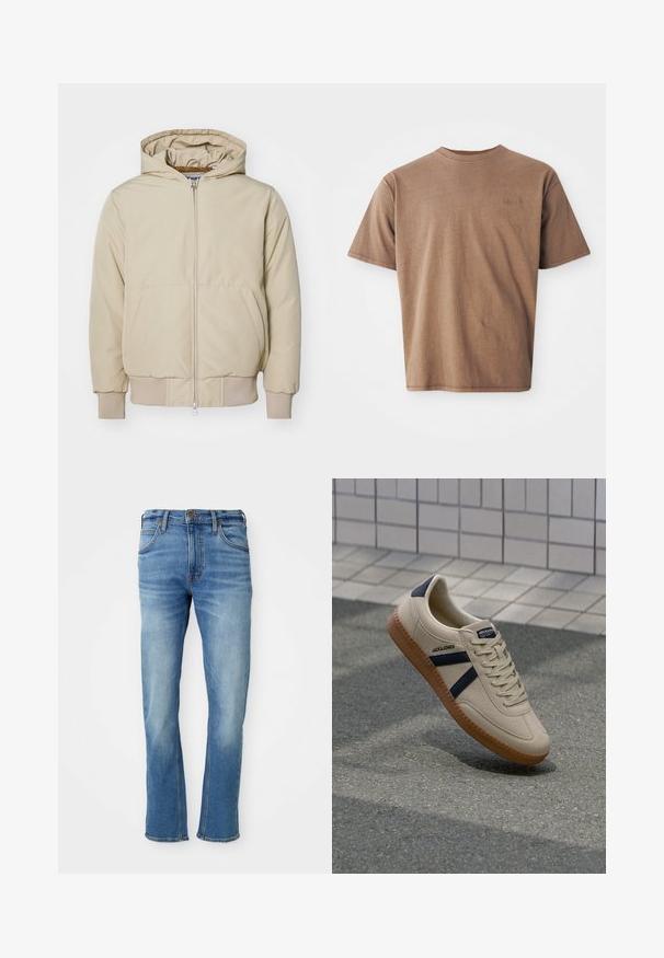 Chaqueta beige con capucha, con un cierre frontal, dos grandes bolsillos laterales, puños y dobladillo acanalados, hecha de un tejido texturizado. Diseño simple y moderno.; Camiseta de algodón marrón con cuello redondo, mangas cortas y un discreto logo bordado en la parte izquierda del pecho. Textura suave, ajuste relajado.; Jeans de mezclilla de color azul claro con corte recto, que presentan un diseño clásico de cinco bolsillos, un sutil desgaste en la tela y detalles de costura en contraste.; Zapatilla beige con acabado texturizado, rayas azul marino y suela de goma. Presenta una lengüeta acolchada y un sistema de cordones tradicional para un ajuste seguro.