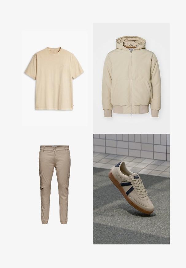 Beige Kapuzenjacke mit einem Frontreißverschluss, zwei großen Seitentaschen, gerippten Bündchen und Saum, aus strukturiertem Stoff. Schlichtes, modernes Design.; Beige Baumwoll-T-Shirt mit Rundhalsausschnitt und kurzen Ärmeln. Verfügt über ein dezentes "Levi's"-Logo in der gleichen Farbe auf der Brust. Weiche Textur.; Beige Slim-Fit Cargohose mit seitlichen Klappentaschen, Knopfverschluss, Gürtelschlaufen und elastischen Bündchen an den Knöcheln.; Beige Sneaker mit strukturierter Oberfläche, dunkelblauen Streifen und Gummisohle. Verfügt über eine gepolsterte Zunge und ein traditionelles Schnürsystem für einen sicheren Sitz.