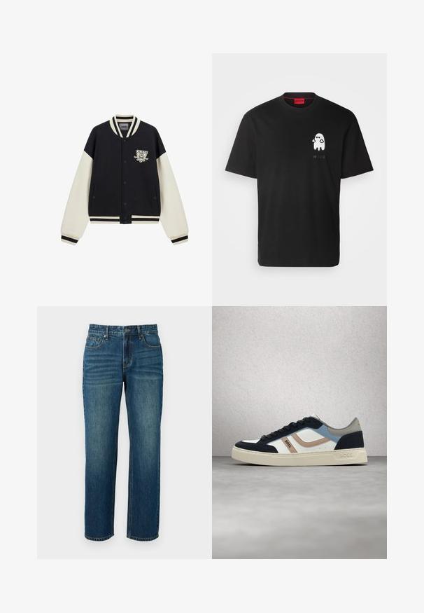 Schwarz-weiße Varsity-Jacke mit Druckknöpfen, gestreiftem Kragen und Bündchen, Seitentaschen und einem GUESS California-Logo auf der Brust.; HUGO DICATIKO - T-Shirt print - black; Dunkelblaue Denimjeans mit geradem Bein, die über fünf Taschen, Gürtelschlaufen und leichte Verfärbungen an den Oberschenkeln verfügen.; Weißer, marineblauer, blauer und beige BOSS-Sneaker mit schwarzen Schnürsenkeln, schwebend über einem polierten Betonboden nahe einer Glasbausteinwand.