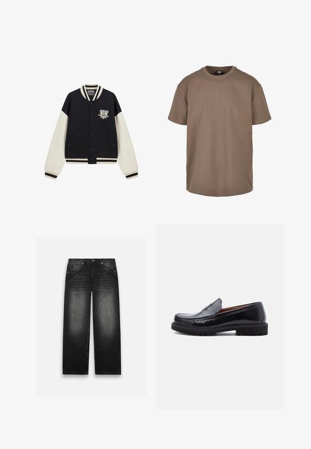 Zwart-witte varsityjas met drukknoopsluiting, gestreepte kraag en manchetten, zijzakken en een GUESS California-logo op de borst.; Koffiekleurig t-shirt van katoen, met een ronde halslijn, korte mouwen en een relaxte pasvorm met een zachte textuur. Geen patronen of accenten.; Zwarte denim jeans met een wijde pijp. Beschikt over vijf zakken, lichte vervaging en stevige stiksels. Met knoop- en ritssluiting.; Zwarte leren penny loafer met chunky rubberen zool en moc-toe stiksel, in profiel weergegeven op een witte achtergrond.