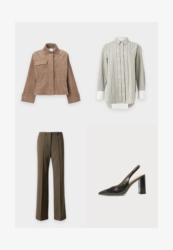 Bruine corduroy jas met een kraag, sluiting met knopen aan de voorkant en een borstzak. Kenmerkt lange mouwen met knoopmanchetten en een cropped ontwerp.; Gestreepte blouse in grijs en wit, met een klassieke kraag, knoopsluiting met witte knopen en contrasterende witte manchetten. Lange mouwen.; Bruine op maat gemaakte broek met een rechte pasvorm, geplooide voorkant en klassieke tailleband. Gemaakt van een zachte stof met een verfijnde afwerking.; Zwarte leren slingback schoen met spits toelopend neusje, hoge blokhak en beige binnenvoering tegen een effen lichte achtergrond.